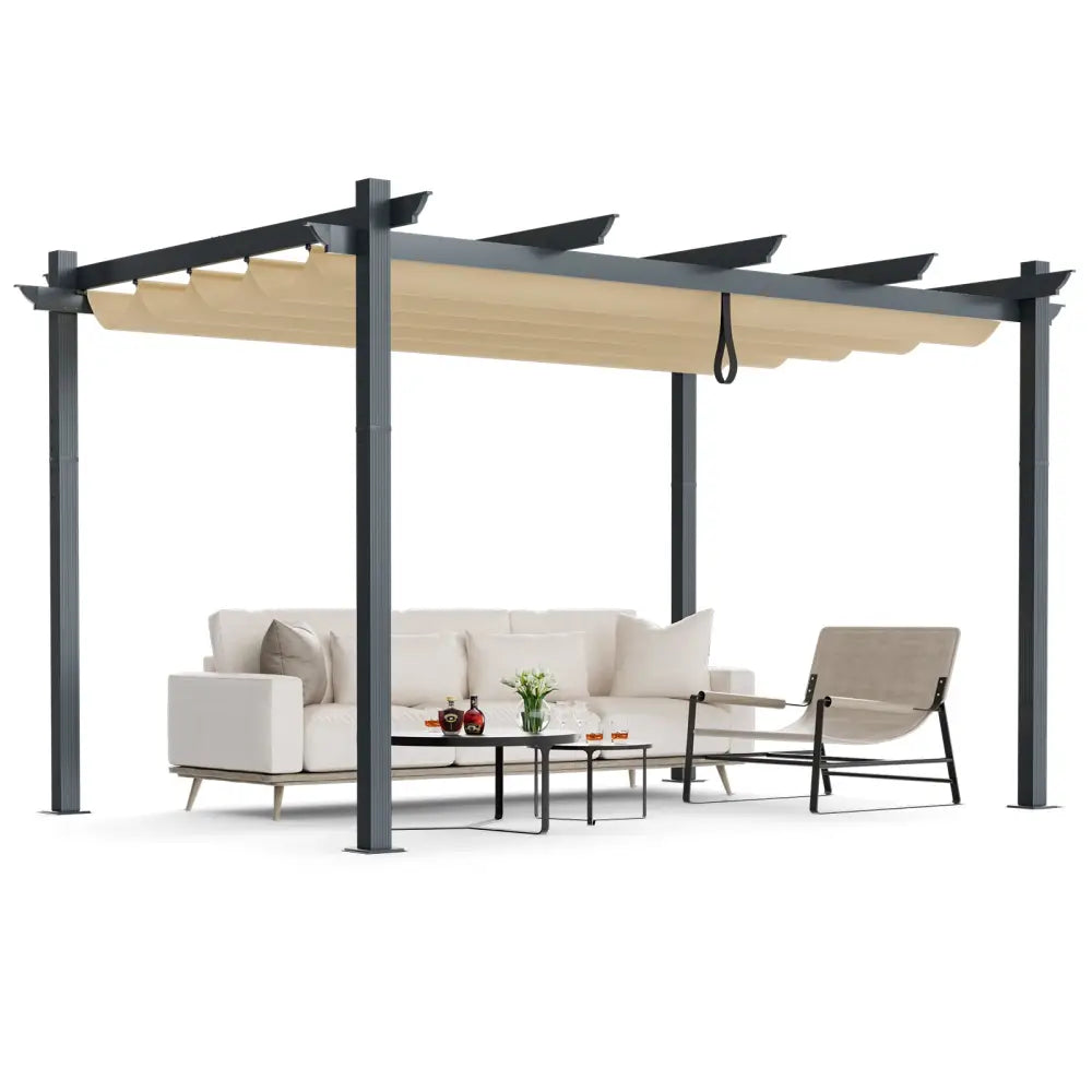 10 x 13 Feet Outdoor Aluminum Retractable Pergola Canopy Shelter-Beige - Beige - Gazebos