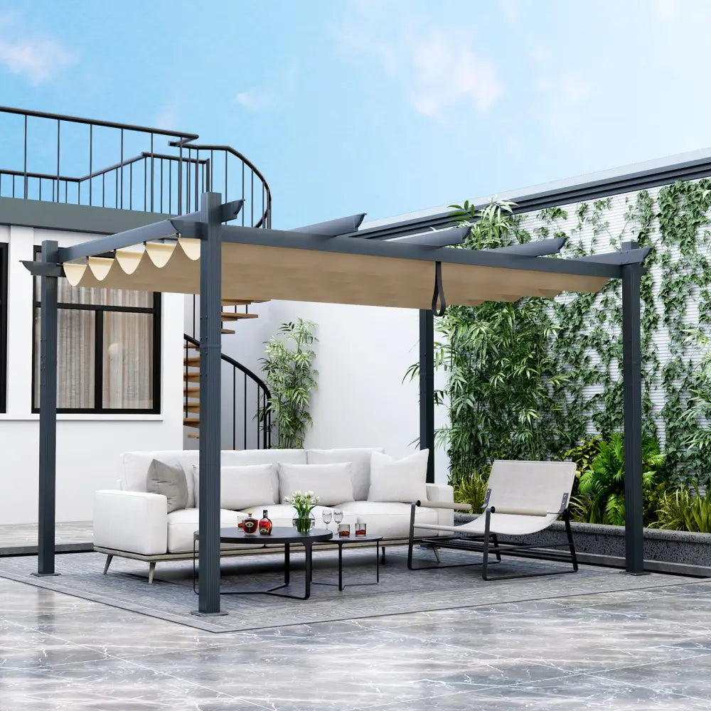 10 x 13 Feet Outdoor Aluminum Retractable Pergola Canopy Shelter-Beige - Beige - Gazebos