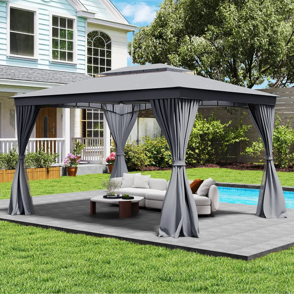 10 x 13 Feet Patio Gazebo Double-Roof with Mesh Netting and Privacy Curtains-Gray - Gray - Gazebos