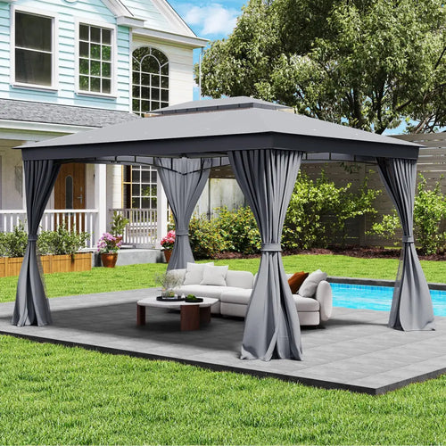 10 x 13 Feet Patio Gazebo Double-Roof with Mesh Netting and Privacy Curtains-Gray - Gray - Gazebos