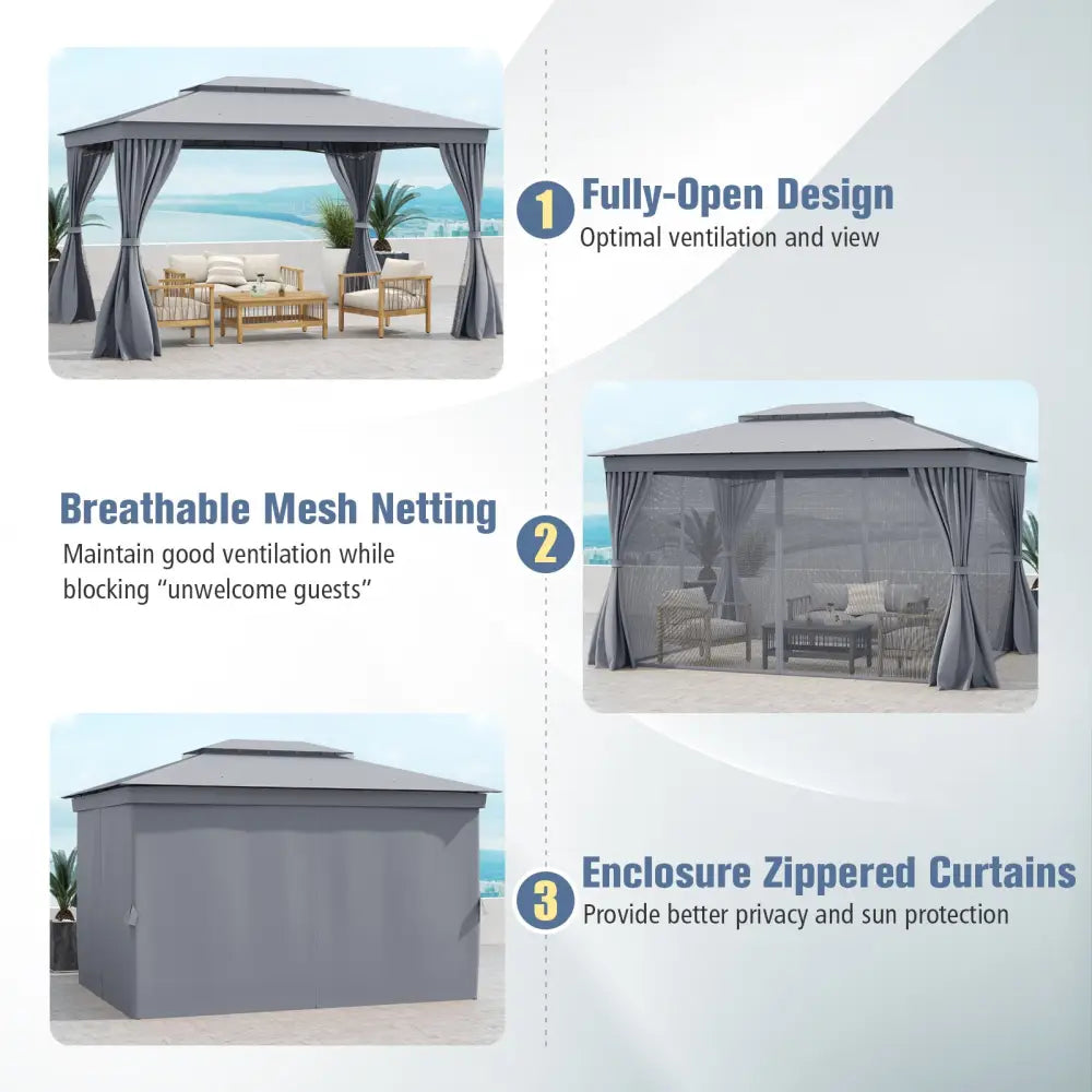 10 x 13 Feet Patio Gazebo Double-Roof with Mesh Netting and Privacy Curtains-Gray - Gray - Gazebos