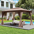 10 x 13 Feet Patio Gazebo Double-Roof with Mesh Netting and Privacy Curtains-Coffee - Coffee - Gazebos