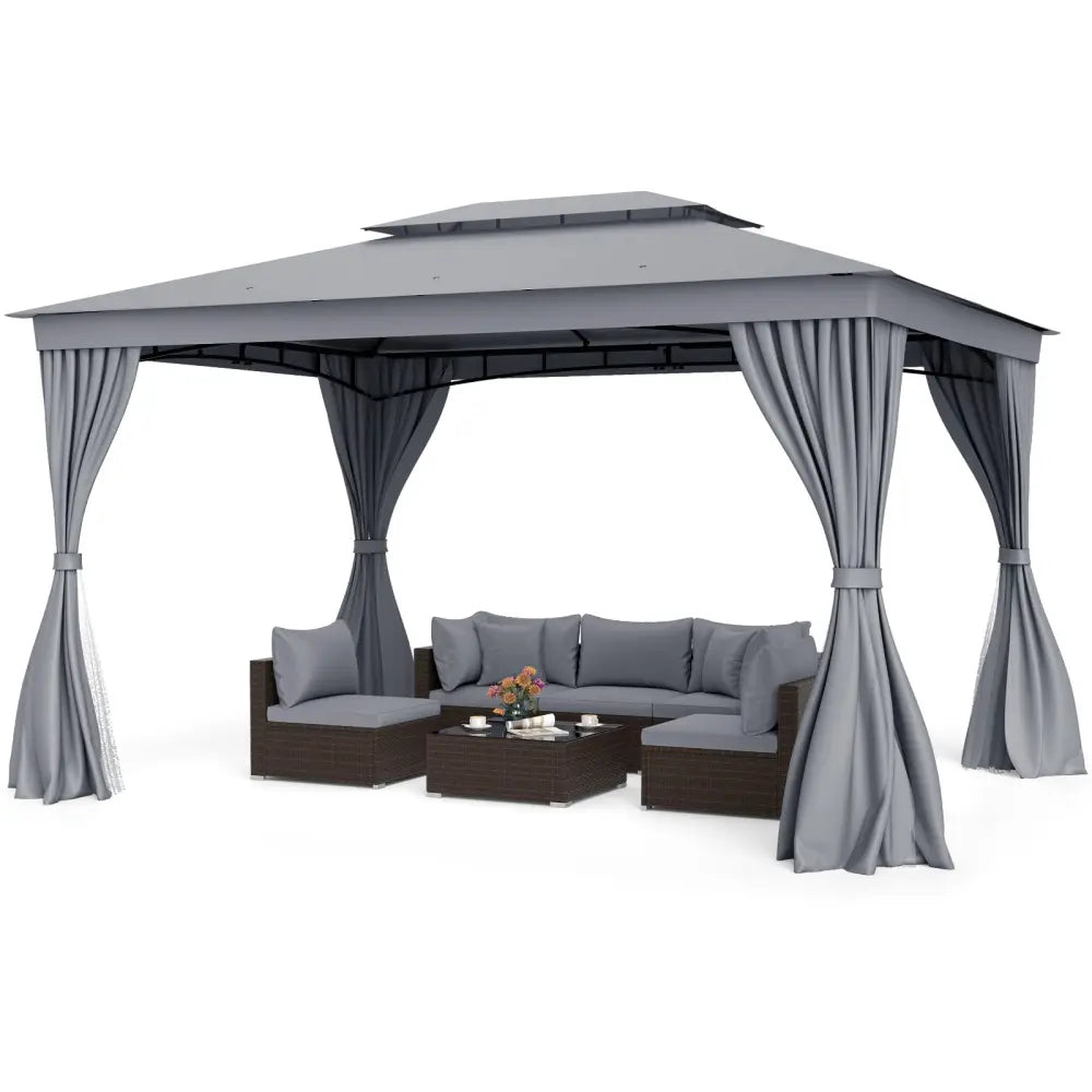 10 x 13 Feet Patio Gazebo Double-Roof with Mesh Netting and Privacy Curtains-Gray - Gray - Gazebos