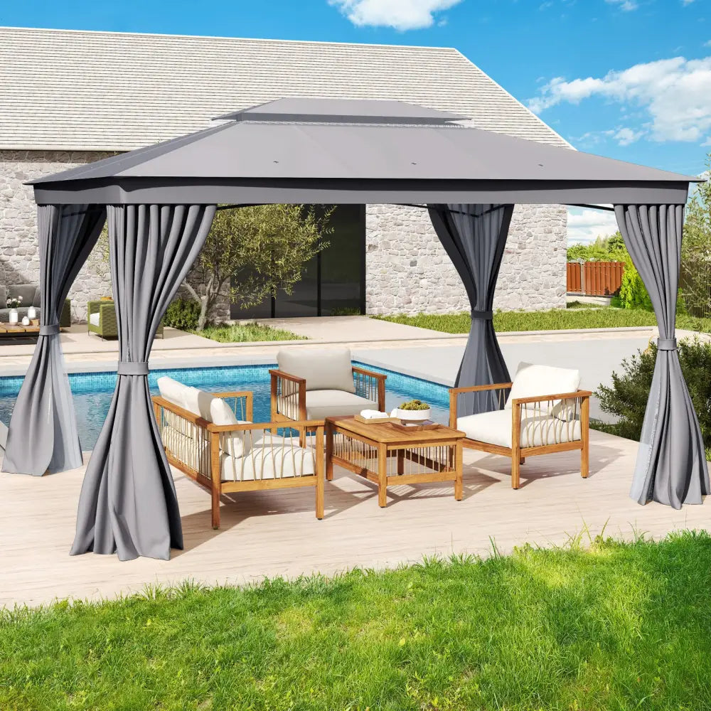 10 x 13 Feet Patio Gazebo Double-Roof with Mesh Netting and Privacy Curtains-Gray - Gray - Gazebos