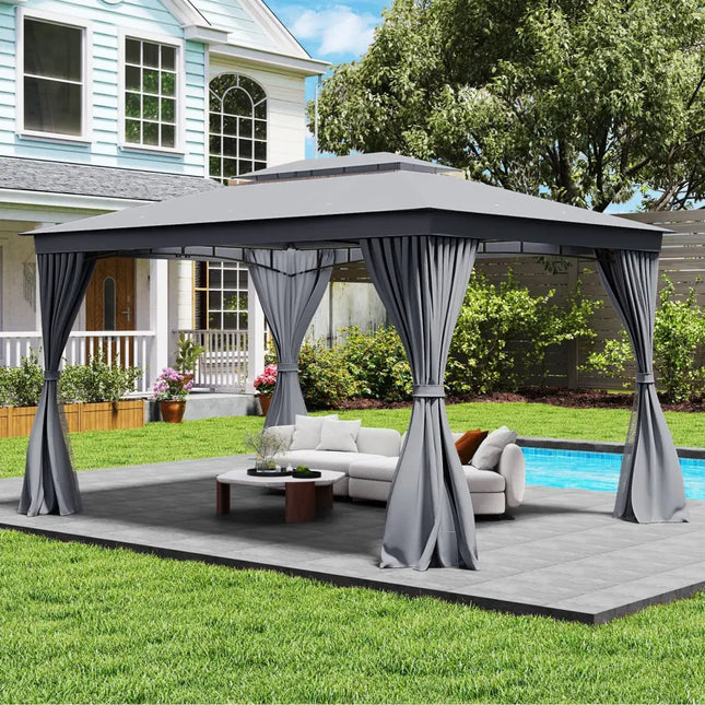 10 x 13 Feet Patio Gazebo Double-Roof with Mesh Netting and Privacy Curtains-Gray - Gray - Gazebos