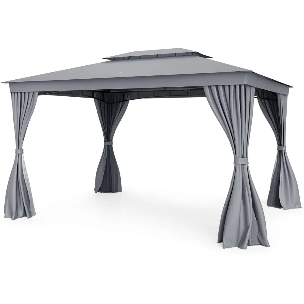 10 x 13 Feet Patio Gazebo Double-Roof with Mesh Netting and Privacy Curtains-Gray - Gray - Gazebos
