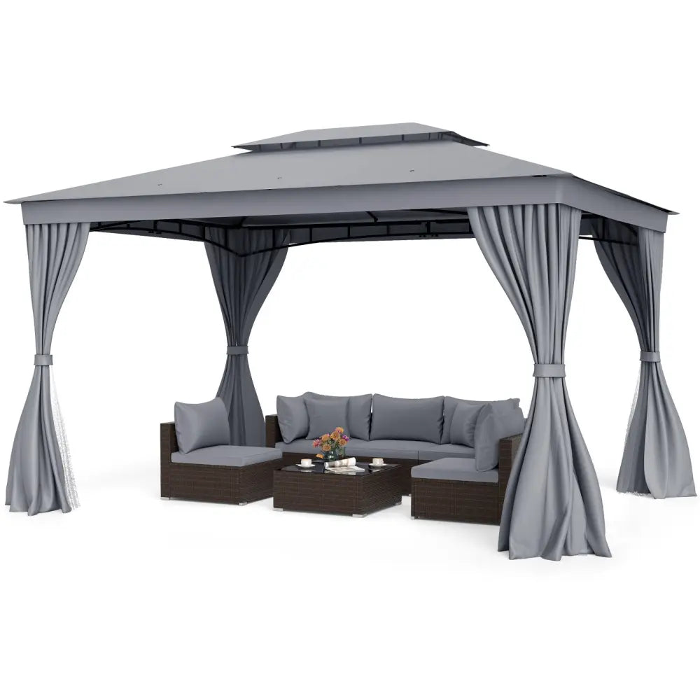 10 x 13 Feet Patio Gazebo Double-Roof with Mesh Netting and Privacy Curtains-Gray - Gray - Gazebos