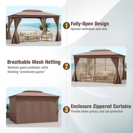 10 x 13 Feet Patio Gazebo Double-Roof with Mesh Netting and Privacy Curtains-Coffee - Coffee - Gazebos
