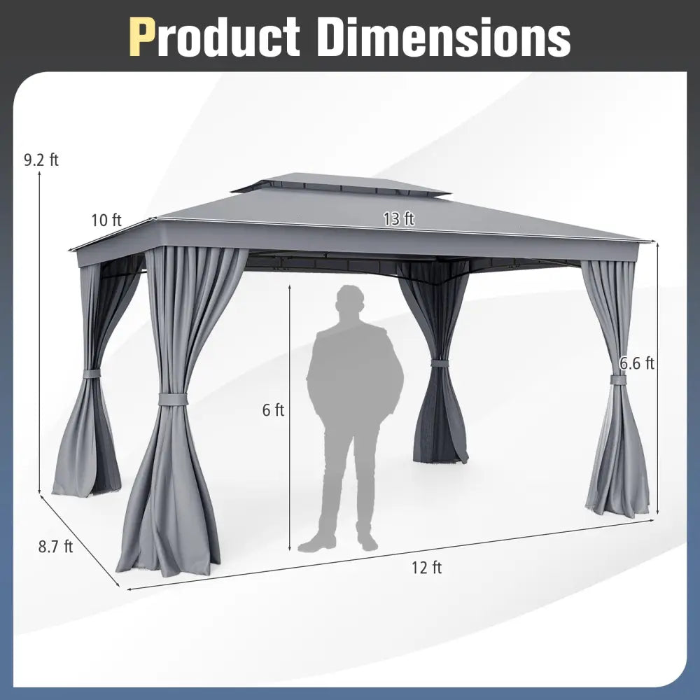 10 x 13 Feet Patio Gazebo Double-Roof with Mesh Netting and Privacy Curtains-Gray - Gray - Gazebos