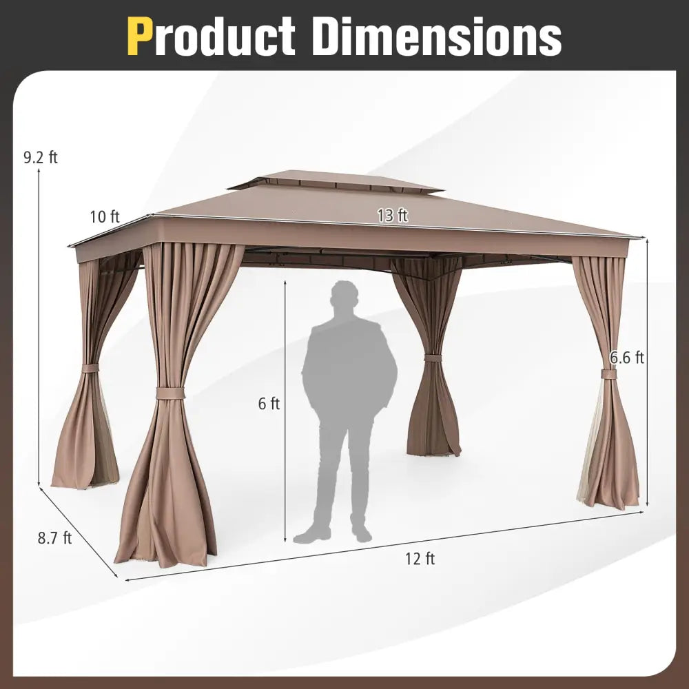 10 x 13 Feet Patio Gazebo Double-Roof with Mesh Netting and Privacy Curtains-Coffee - Coffee - Gazebos