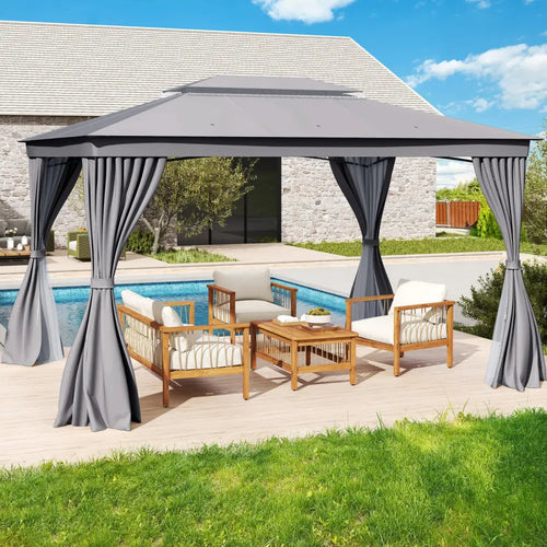 10 x 13 Feet Patio Gazebo Double-Roof with Mesh Netting and Privacy Curtains-Gray - Gray - Gazebos