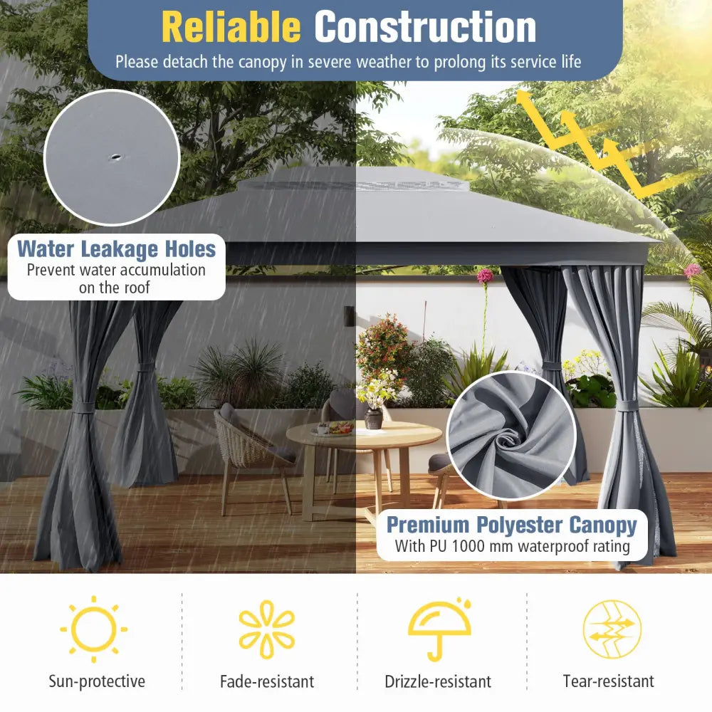 10 x 13 Feet Patio Gazebo Double-Roof with Mesh Netting and Privacy Curtains-Gray - Gray - Gazebos