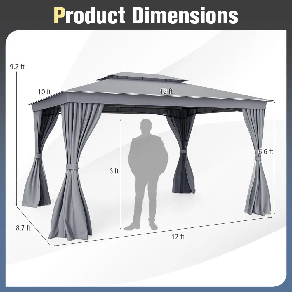 10 x 13 Feet Patio Gazebo Double-Roof with Mesh Netting and Privacy Curtains-Gray - Gray - Gazebos
