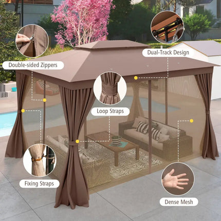 10 x 13 Feet Patio Gazebo Double-Roof with Mesh Netting and Privacy Curtains-Coffee - Coffee - Gazebos