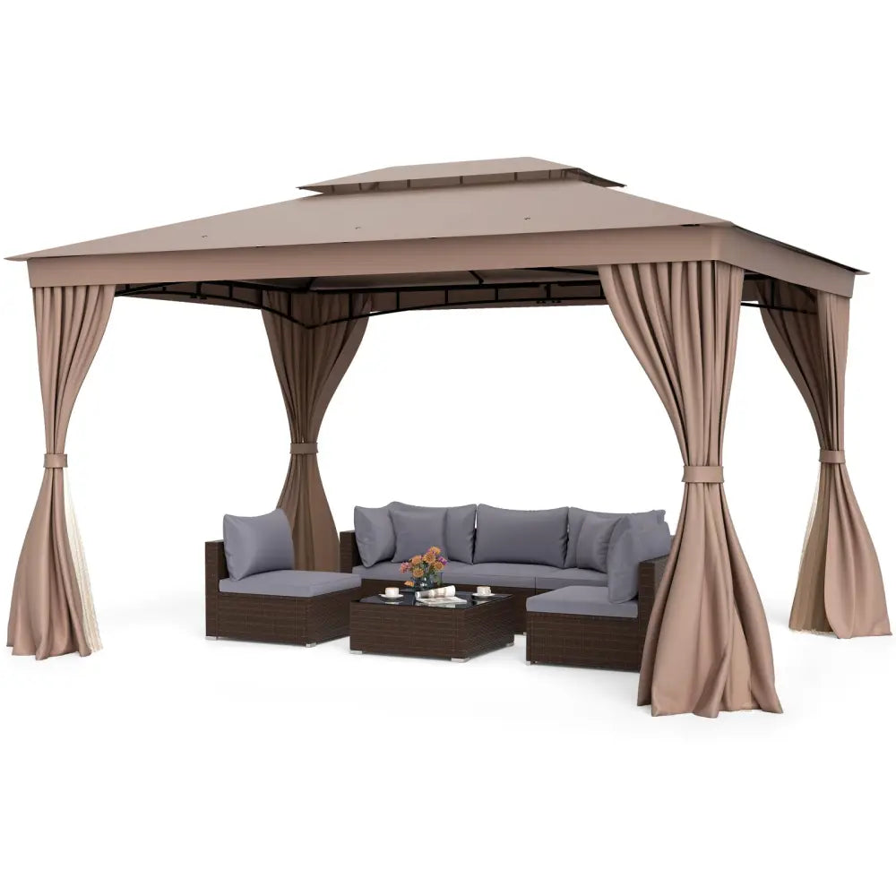 10 x 13 Feet Patio Gazebo Double-Roof with Mesh Netting and Privacy Curtains-Coffee - Coffee - Gazebos