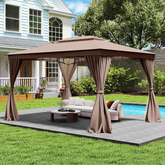 10 x 13 Feet Patio Gazebo Double-Roof with Mesh Netting and Privacy Curtains-Coffee - Coffee - Gazebos