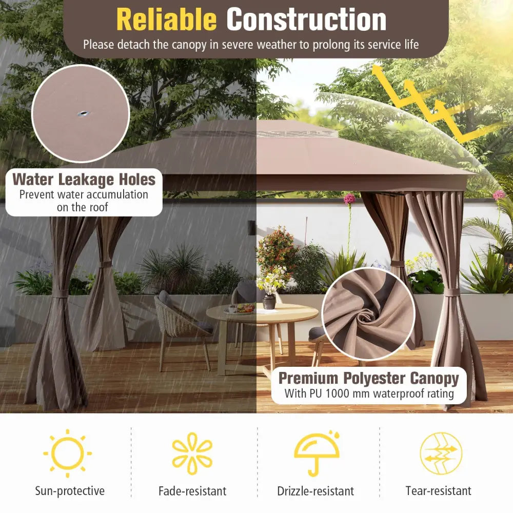 10 x 13 Feet Patio Gazebo Double-Roof with Mesh Netting and Privacy Curtains-Coffee - Coffee - Gazebos