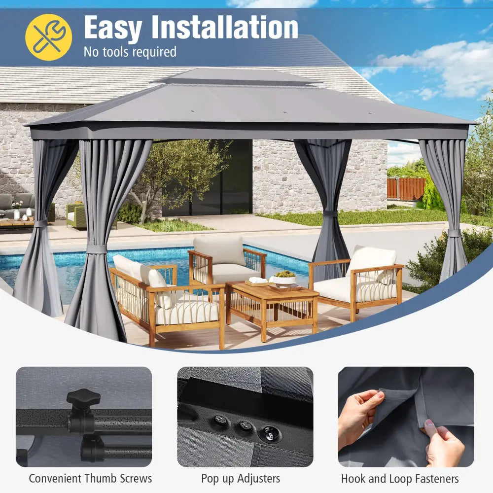 10 x 13 Feet Patio Gazebo Double-Roof with Mesh Netting and Privacy Curtains-Gray - Gray - Gazebos