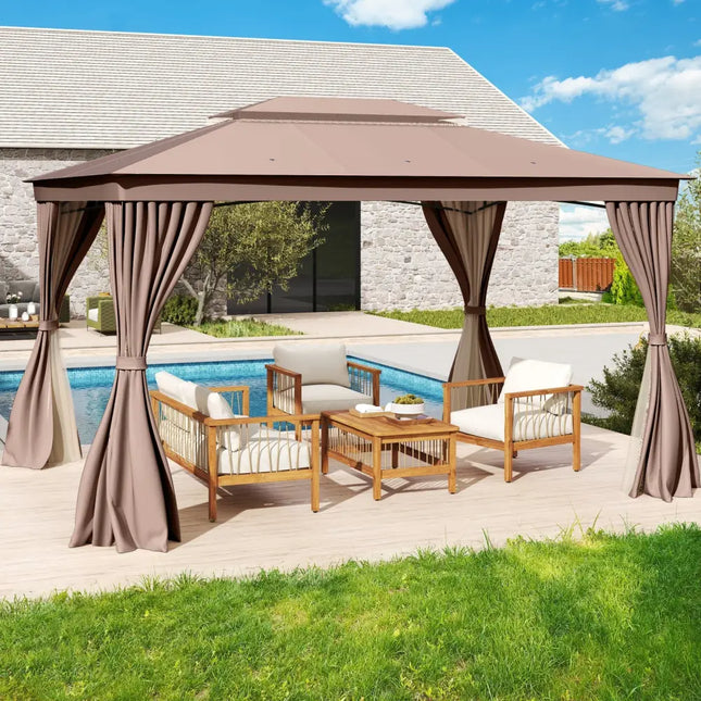 10 x 13 Feet Patio Gazebo Double-Roof with Mesh Netting and Privacy Curtains-Coffee - Coffee - Gazebos