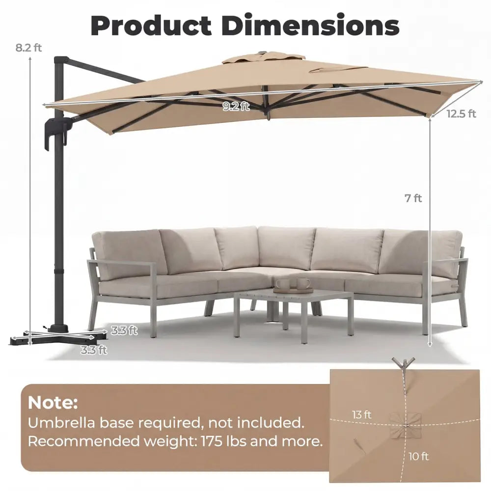 10 x 13 FT Cantilever Patio Umbrella with 360-Degree Rotation and 5 Tilt Positions-Brown - Brown - Outdoor Umbrellas
