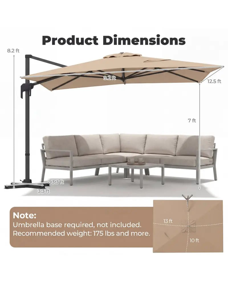 10 x 13 FT Cantilever Patio Umbrella with 360-Degree Rotation and 5 Tilt Positions-Brown - Brown - Outdoor Umbrellas