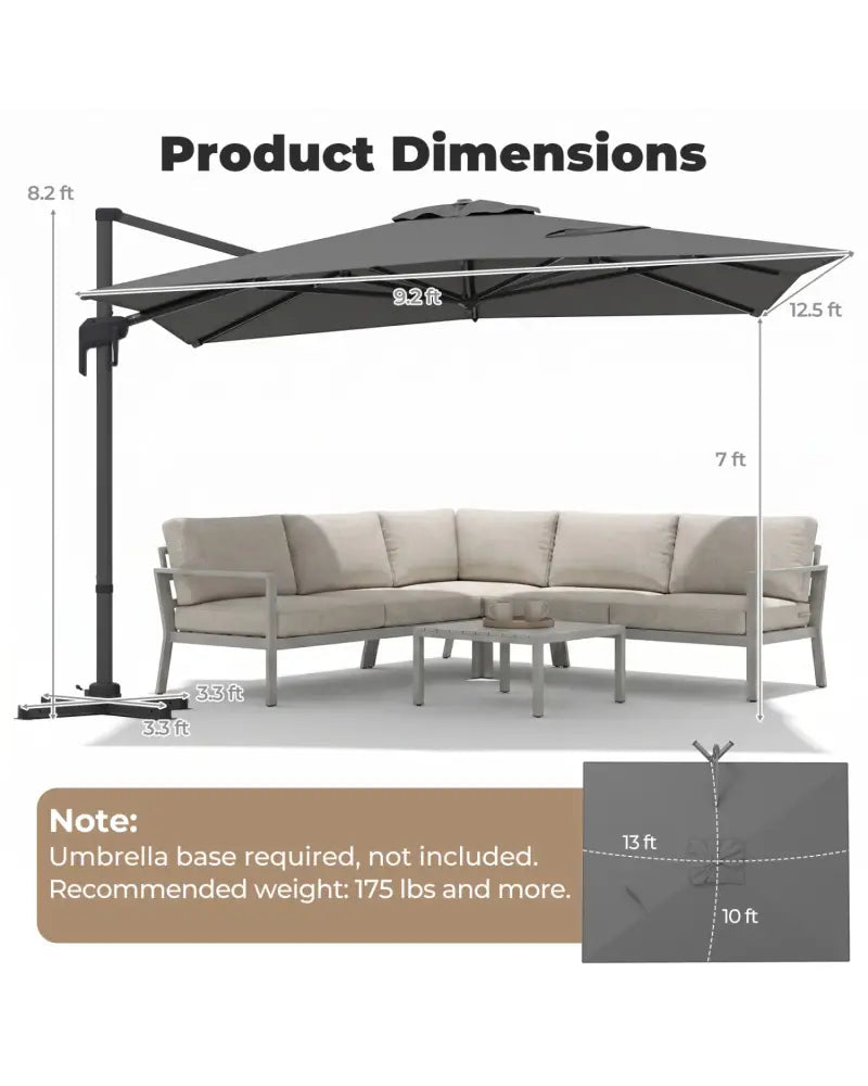 10 x 13 FT Cantilever Patio Umbrella with 360-Degree Rotation and 5 Tilt Positions-Gray - Gray - Outdoor Umbrellas