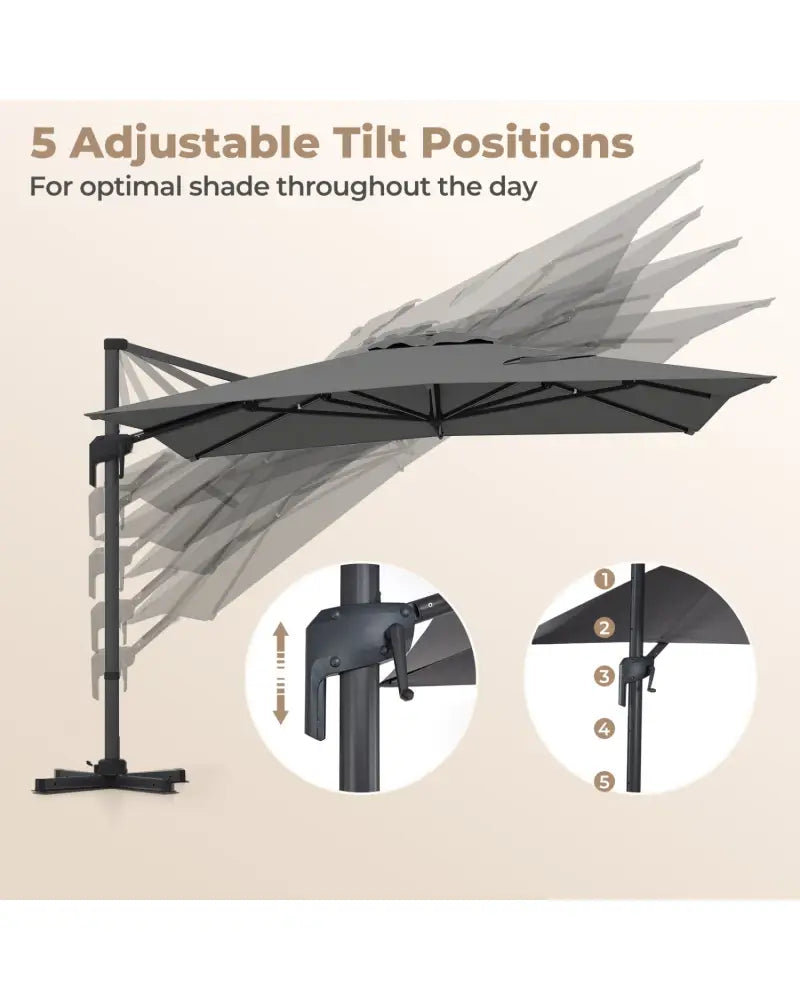10 x 13 FT Cantilever Patio Umbrella with 360-Degree Rotation and 5 Tilt Positions-Gray - Gray - Outdoor Umbrellas