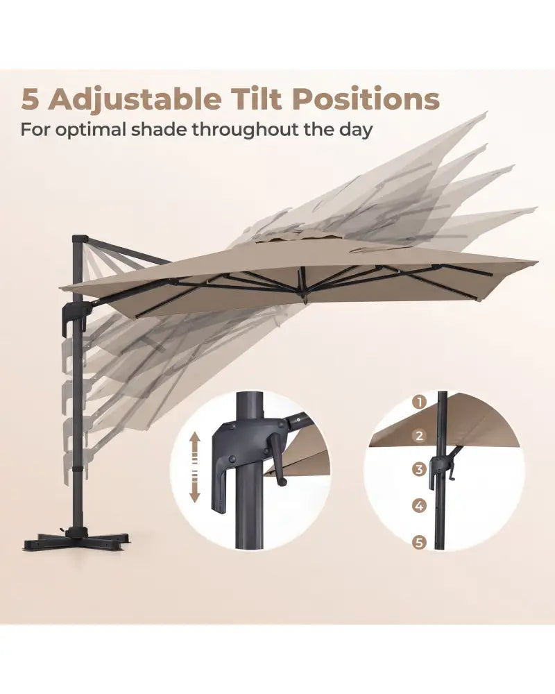 10 x 13 FT Cantilever Patio Umbrella with 360-Degree Rotation and 5 Tilt Positions-Brown - Brown - Outdoor Umbrellas
