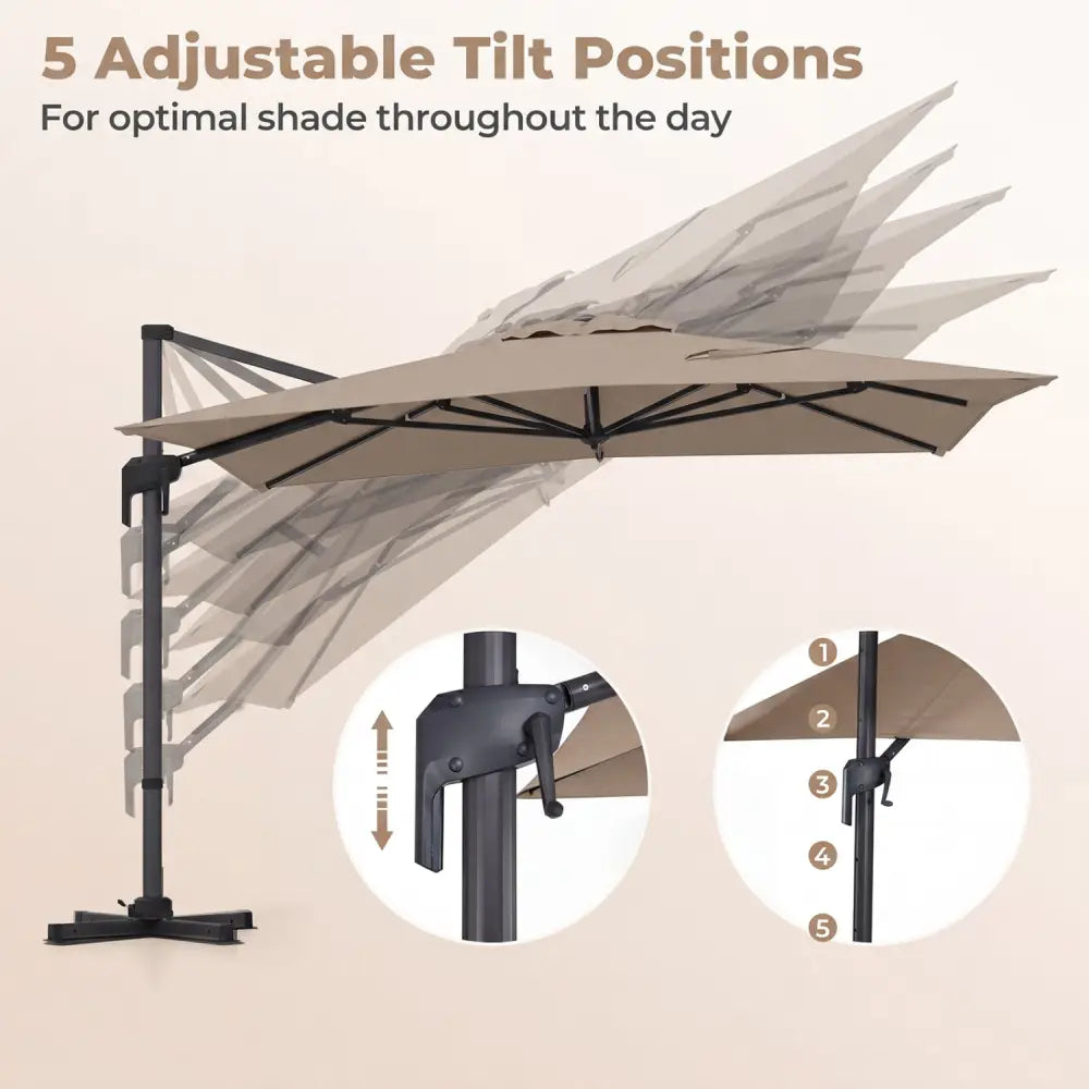 10 x 13 FT Cantilever Patio Umbrella with 360-Degree Rotation and 5 Tilt Positions-Brown - Brown - Outdoor Umbrellas