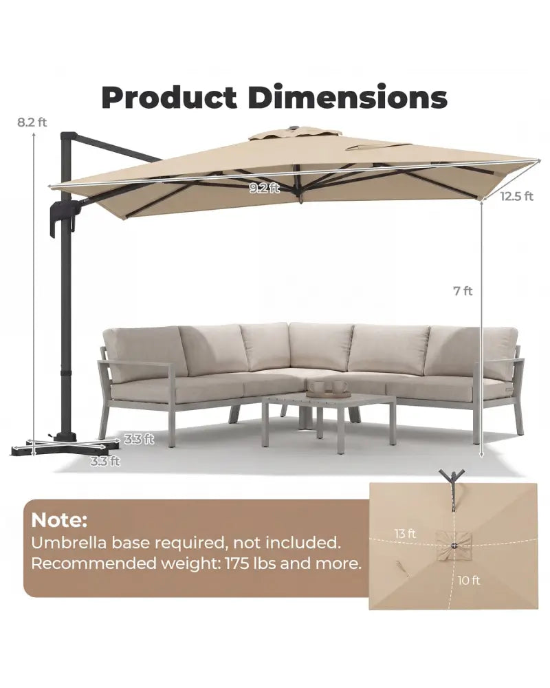 10 x 13 FT Cantilever Patio Umbrella with 360-Degree Rotation and 5 Tilt Positions-Beige - Beige - Outdoor Umbrellas