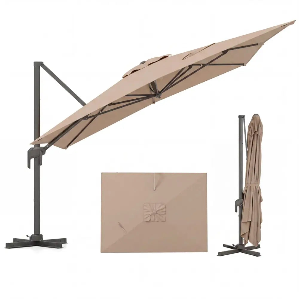 10 x 13 FT Cantilever Patio Umbrella with 360-Degree Rotation and 5 Tilt Positions-Brown - Brown - Outdoor Umbrellas