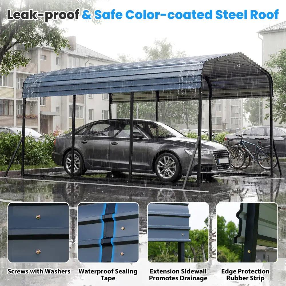 10 x 14.5 FT Heavy-Duty Carport Outdoor Galvanized Steel Garage Car Shelter with Leak-proof Roof-Black - Black
