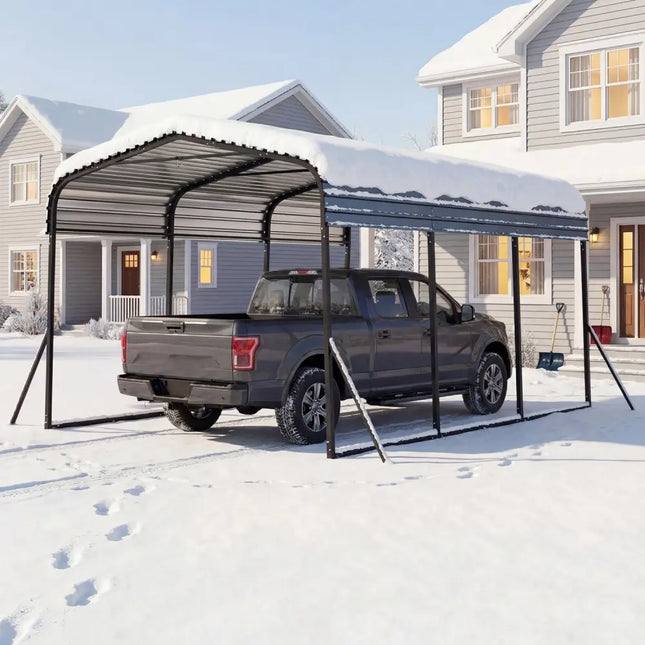 10 x 14.5 FT Heavy-Duty Carport Outdoor Galvanized Steel Garage Car Shelter with Leak-proof Roof-Black - Black