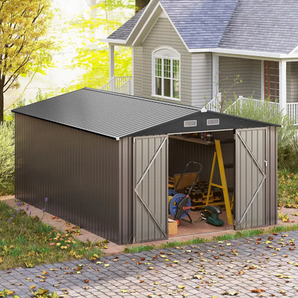 10 x 14 FT Outdoor Storage Shed with Improved Windproof Metal Structure-Gray - Gray - Sheds & Outdoor Storage