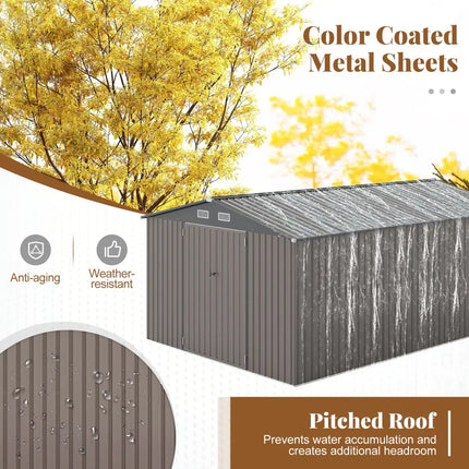 10 x 14 FT Outdoor Storage Shed with Improved Windproof Metal Structure-Gray - Gray - Sheds & Outdoor Storage
