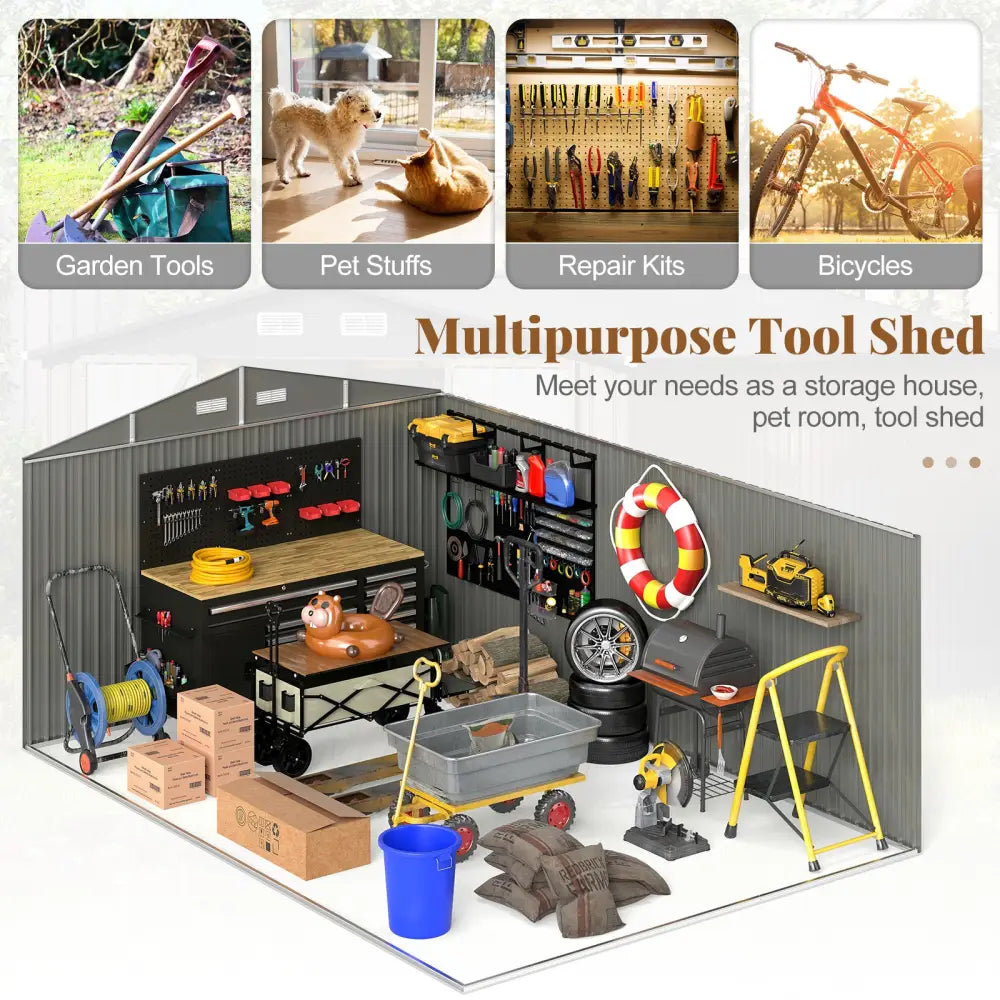 10 x 14 FT Outdoor Storage Shed with Improved Windproof Metal Structure-Gray - Gray - Sheds & Outdoor Storage