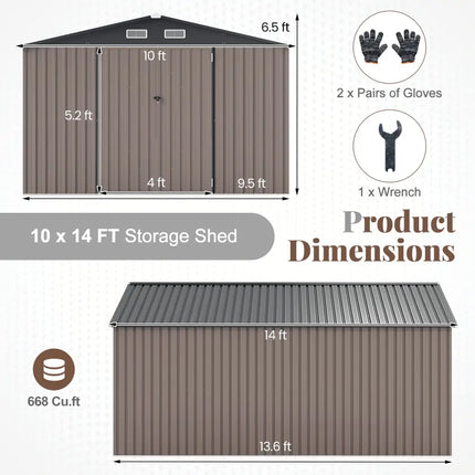 10 x 14 FT Outdoor Storage Shed with Improved Windproof Metal Structure-Gray - Gray - Sheds & Outdoor Storage