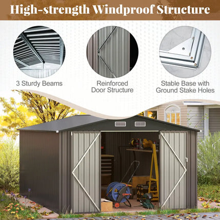 10 x 14 FT Outdoor Storage Shed with Improved Windproof Metal Structure-Gray - Gray - Sheds & Outdoor Storage