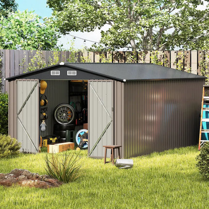 10 x 14 FT Outdoor Storage Shed with Improved Windproof Metal Structure-Gray - Gray - Sheds & Outdoor Storage