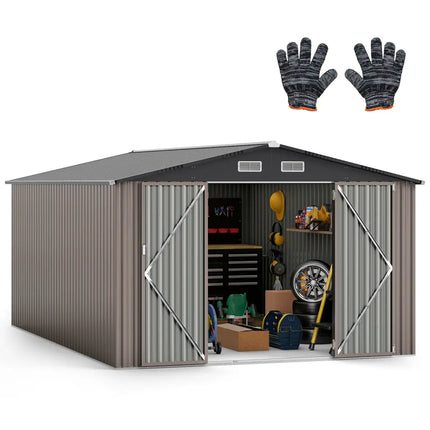 10 x 14 FT Outdoor Storage Shed with Improved Windproof Metal Structure-Gray - Gray - Sheds & Outdoor Storage