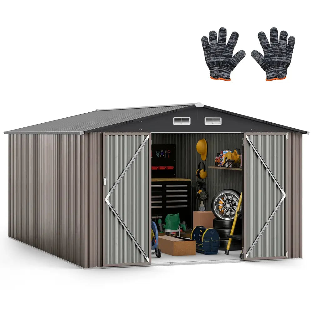 10 x 14 FT Outdoor Storage Shed with Improved Windproof Metal Structure-Gray - Gray - Sheds & Outdoor Storage