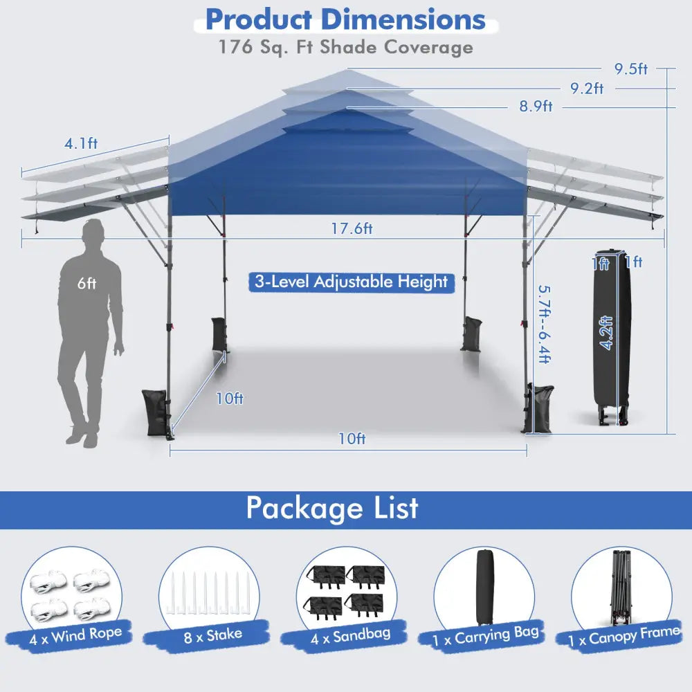10 x 17.6 Feet Outdoor Instant Pop-up Canopy Tent with Dual Half Awnings-Blue - Blue - Canopies