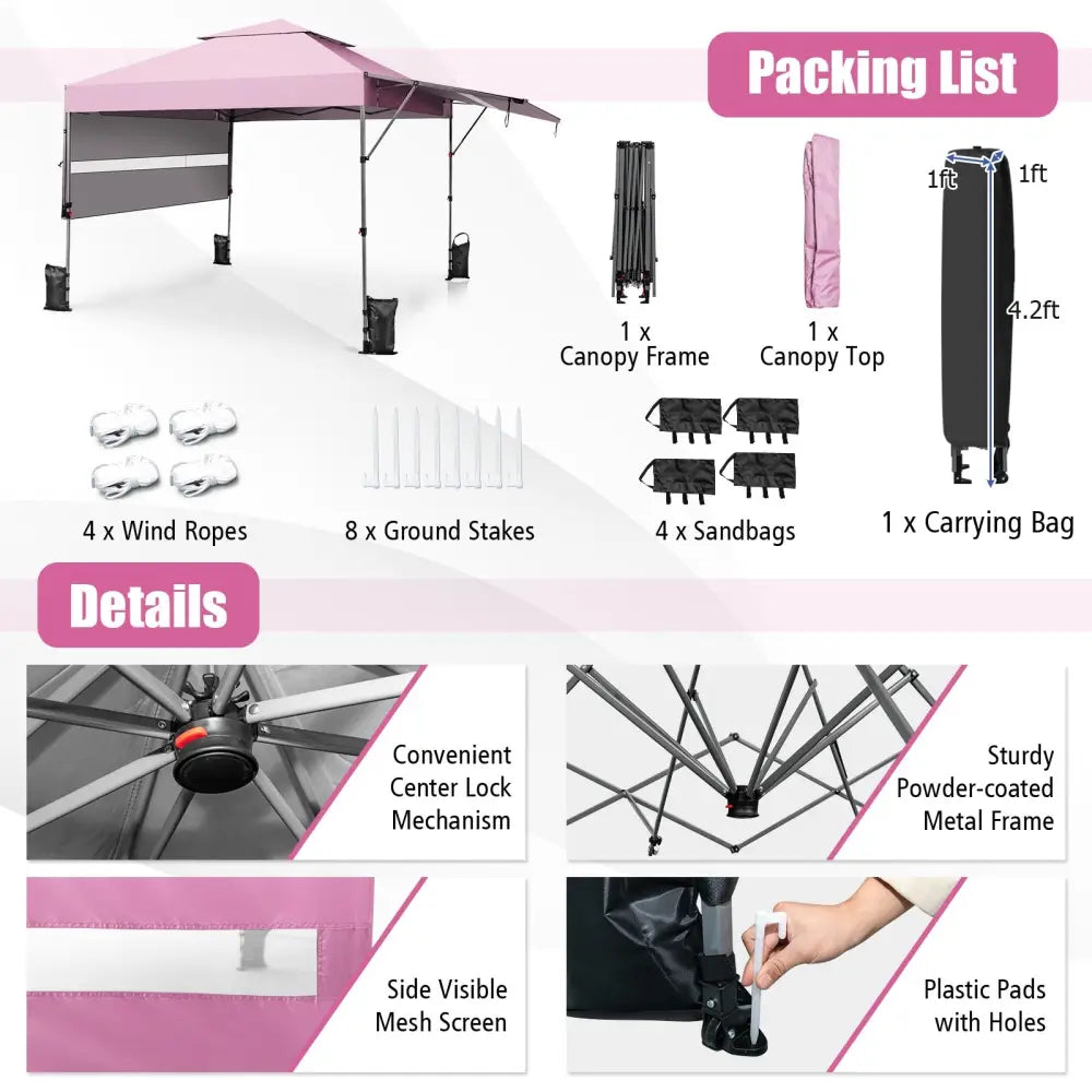 10 x 17.6 Feet Outdoor Instant Pop-up Canopy Tent with Dual Half Awnings-Pink - Pink - Canopies