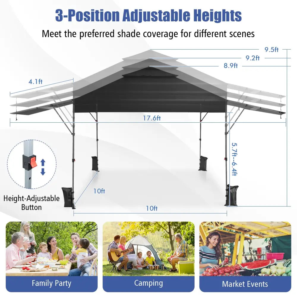 10 x 17.6 Feet Outdoor Instant Pop-up Canopy Tent with Dual Half Awnings-Black - Black - Canopies
