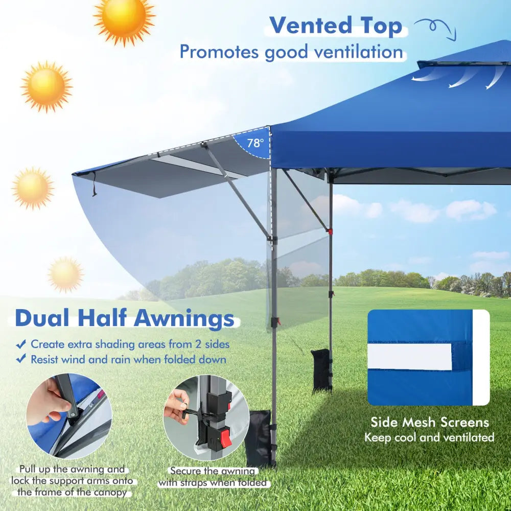 10 x 17.6 Feet Outdoor Instant Pop-up Canopy Tent with Dual Half Awnings-Blue - Blue - Canopies
