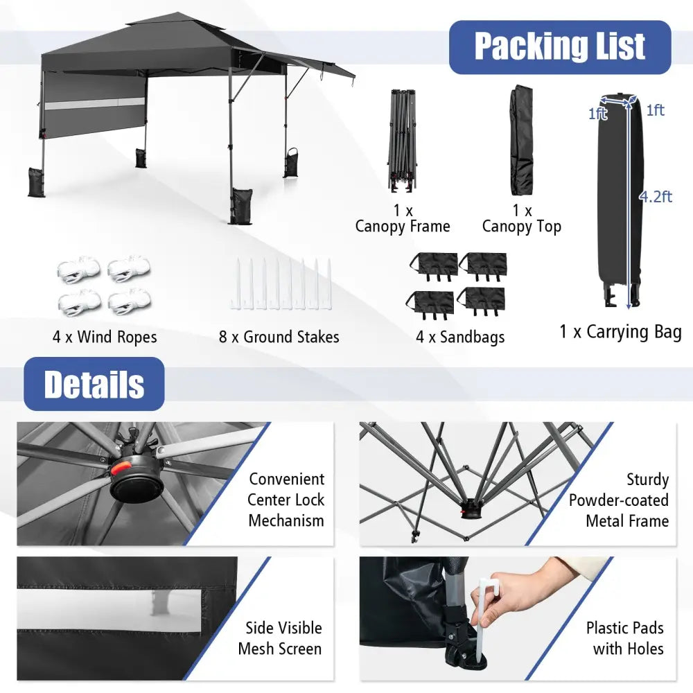 10 x 17.6 Feet Outdoor Instant Pop-up Canopy Tent with Dual Half Awnings-Black - Black - Canopies