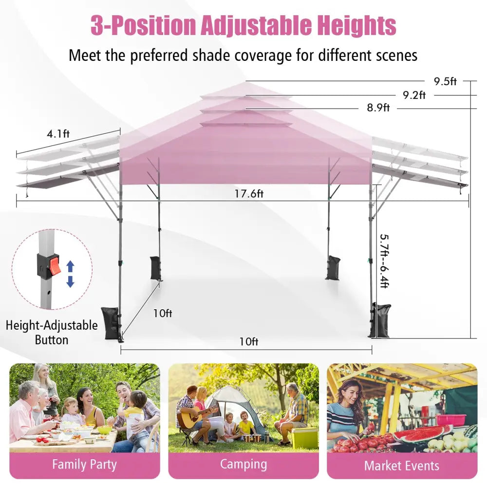 10 x 17.6 Feet Outdoor Instant Pop-up Canopy Tent with Dual Half Awnings-Pink - Pink - Canopies