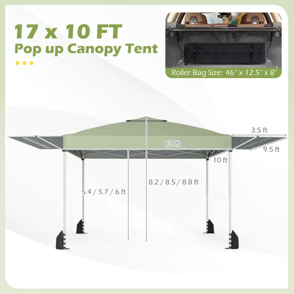 10 x 17 Feet Pop Up Canopy Tent with Dual Adjustable Awnings-Green - Canopies
