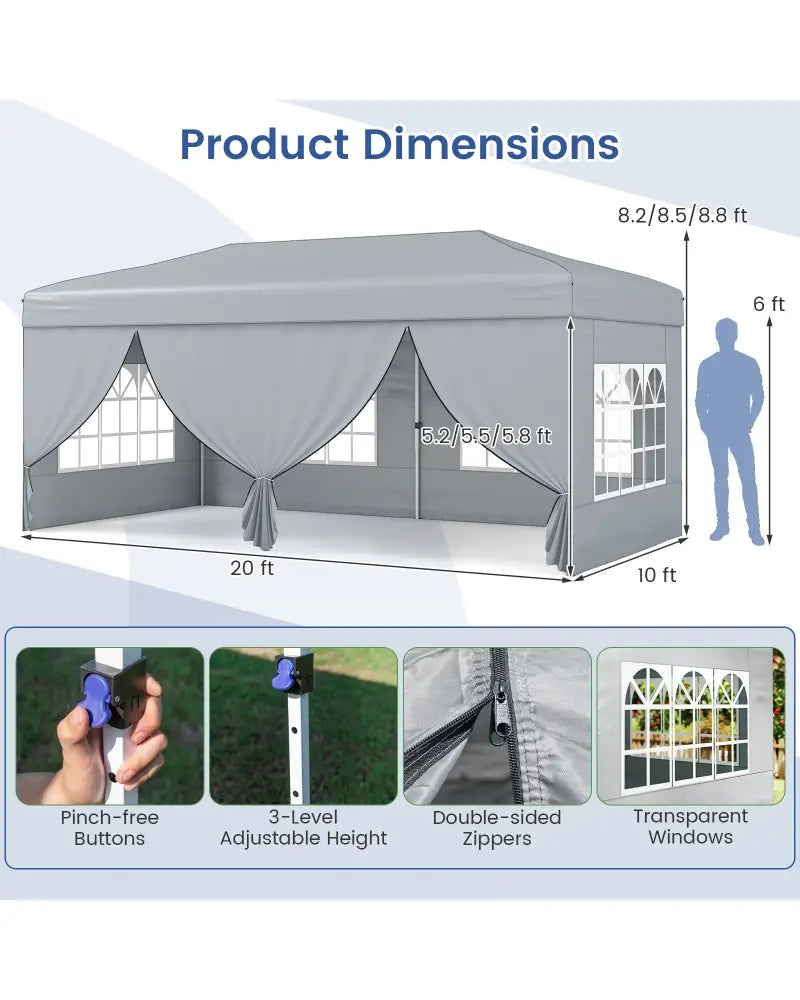 10 X 20 Feet Pop up Canopy Tent Instant Setup with 6 Sidewalls-Gray - Gray - Canopies