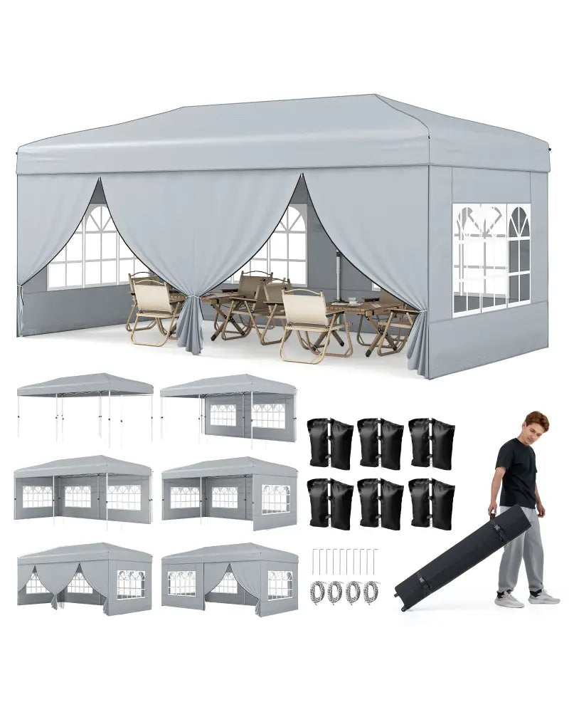 10 X 20 Feet Pop up Canopy Tent Instant Setup with 6 Sidewalls-Gray - Gray - Canopies